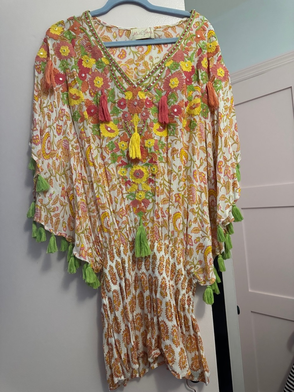 Embroidered Floral Tassel Swim Coverup - Yellow & Green